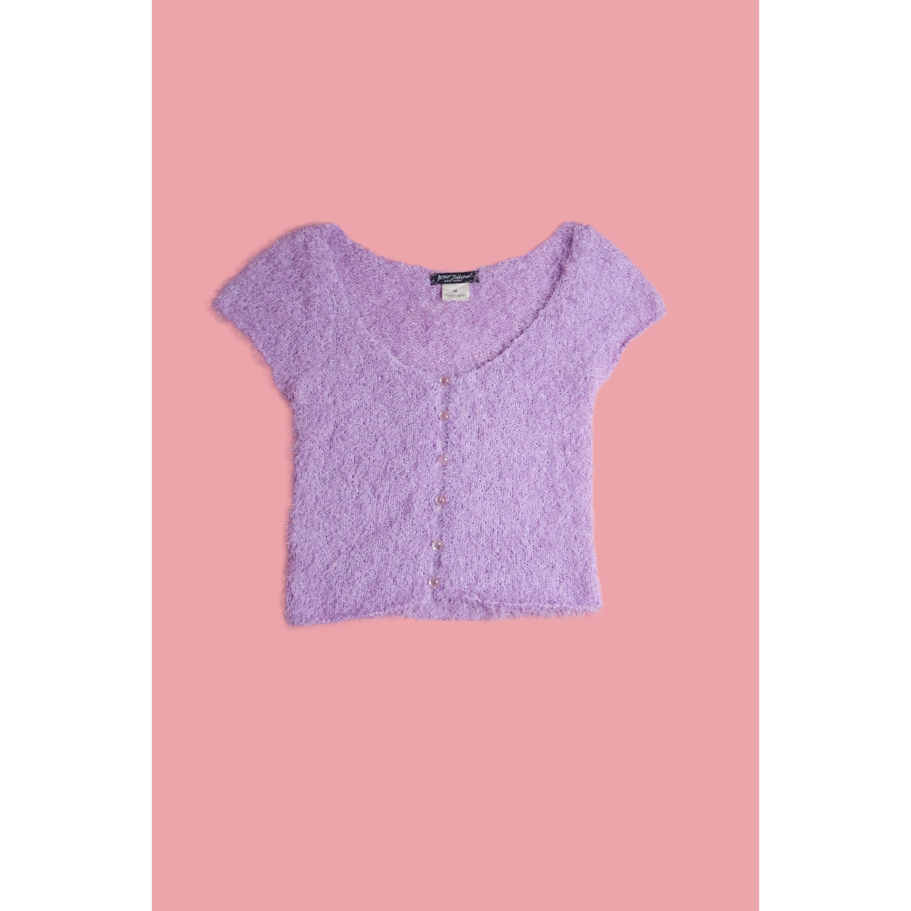 1990s-Y2k Betsey Johnson Ny Purple Shag Cropped Short Sleeve Sweater Top. Xs-M